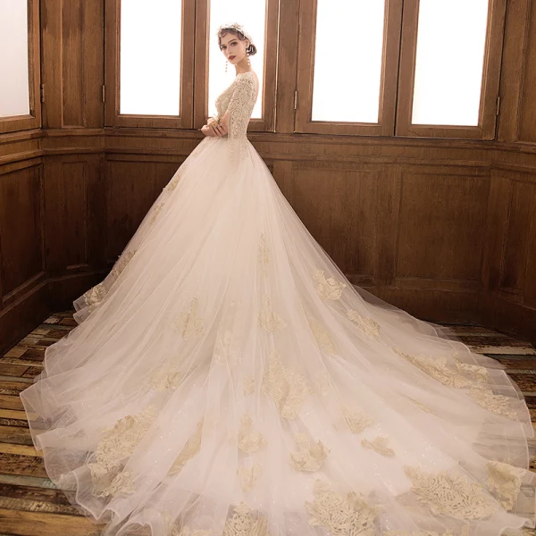 Luxury / Gorgeous Champagne Wedding Dresses 2019 Ball Gown V-Neck Short Sleeve Backless Appliques Lace Beading Tassel Glitter Tulle Cathedral Train Ruffle