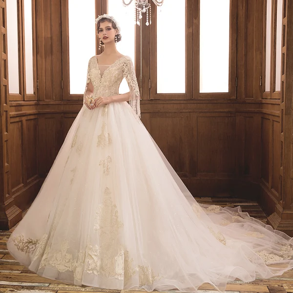 Luxury / Gorgeous Champagne Wedding Dresses 2019 Ball Gown V-Neck Short Sleeve Backless Appliques Lace Beading Tassel Glitter Tulle Cathedral Train Ruffle
