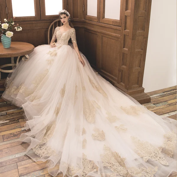 Luxury / Gorgeous Champagne Wedding Dresses 2019 Ball Gown V-Neck Short Sleeve Backless Appliques Lace Beading Tassel Glitter Tulle Cathedral Train Ruffle