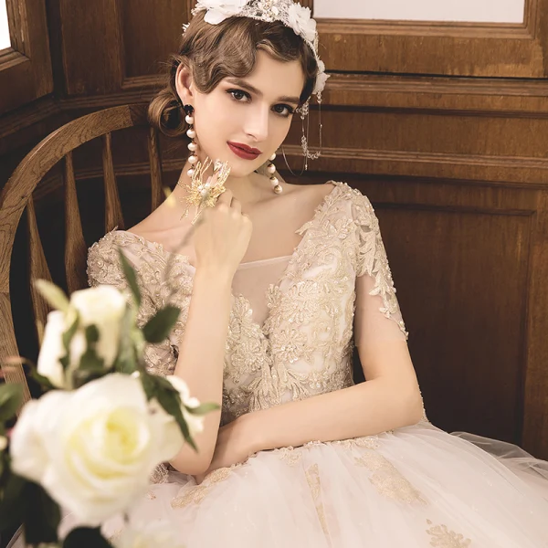 Luxury / Gorgeous Champagne Wedding Dresses 2019 Ball Gown V-Neck Short Sleeve Backless Appliques Lace Beading Tassel Glitter Tulle Cathedral Train Ruffle