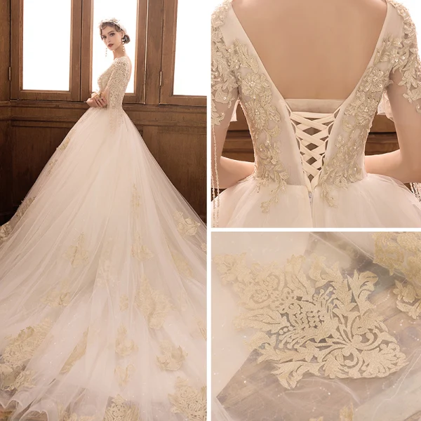 Luxury / Gorgeous Champagne Wedding Dresses 2019 Ball Gown V-Neck Short Sleeve Backless Appliques Lace Beading Tassel Glitter Tulle Cathedral Train Ruffle