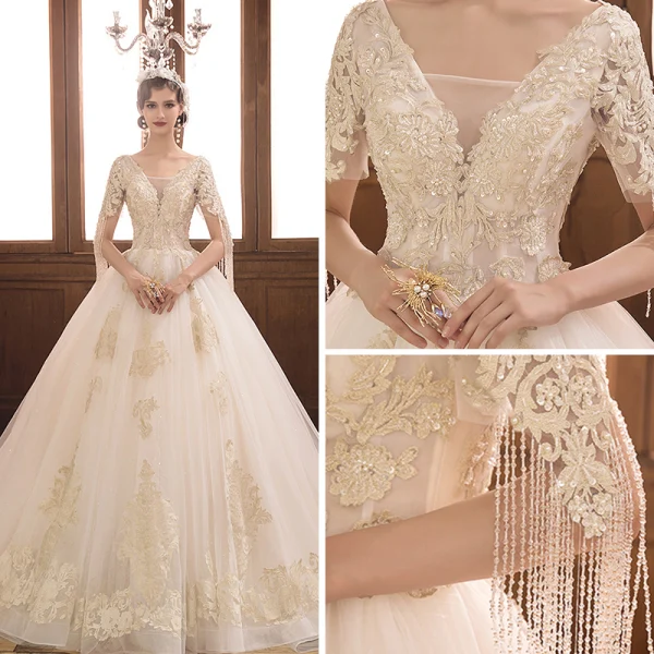 Luxury / Gorgeous Champagne Wedding Dresses 2019 Ball Gown V-Neck Short Sleeve Backless Appliques Lace Beading Tassel Glitter Tulle Cathedral Train Ruffle