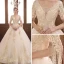Luxury / Gorgeous Champagne Wedding Dresses 2019 Ball Gown V-Neck Short Sleeve Backless Appliques Lace Beading Tassel Glitter Tulle Cathedral Train Ruffle