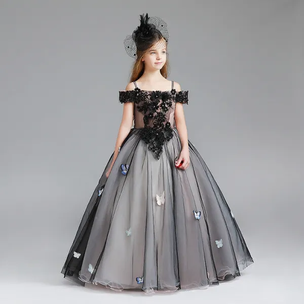 Modern / Fashion Black Flower Girl Dresses 2017 Ball Gown Off-The-Shoulder Short Sleeve Appliques Butterfly Lace Pearl Rhinestone Floor-Length / Long Ruffle Wedding Party Dresses