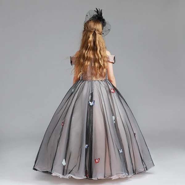 Modern / Fashion Black Flower Girl Dresses 2017 Ball Gown Off-The-Shoulder Short Sleeve Appliques Butterfly Lace Pearl Rhinestone Floor-Length / Long Ruffle Wedding Party Dresses