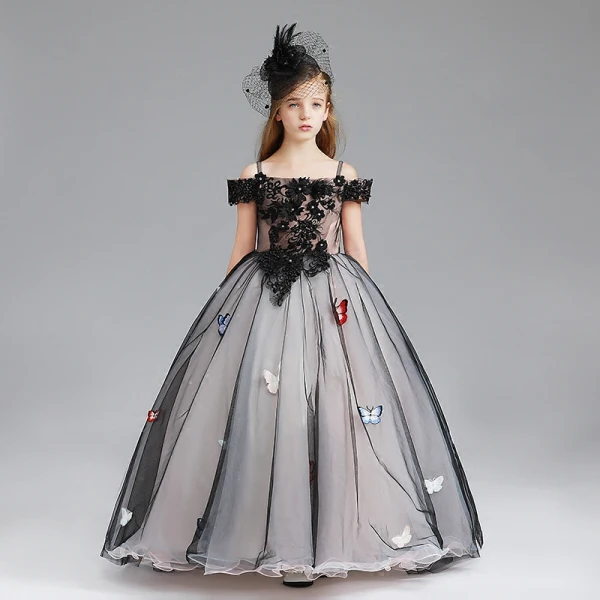 Modern / Fashion Black Flower Girl Dresses 2017 Ball Gown Off-The-Shoulder Short Sleeve Appliques Butterfly Lace Pearl Rhinestone Floor-Length / Long Ruffle Wedding Party Dresses