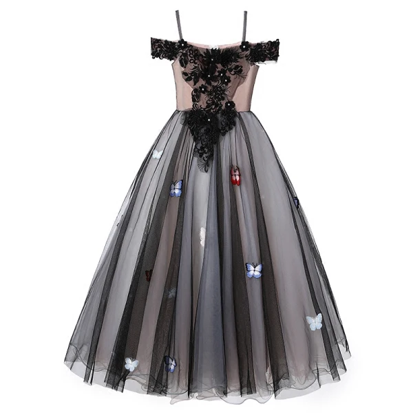 Modern / Fashion Black Flower Girl Dresses 2017 Ball Gown Off-The-Shoulder Short Sleeve Appliques Butterfly Lace Pearl Rhinestone Floor-Length / Long Ruffle Wedding Party Dresses