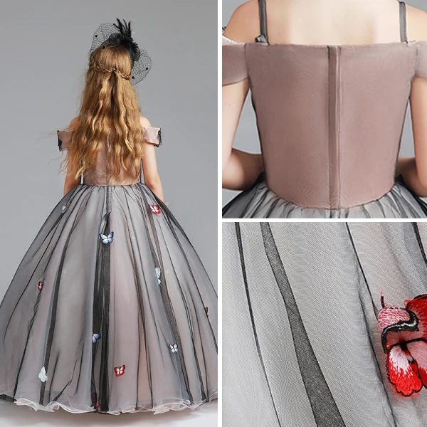 Modern / Fashion Black Flower Girl Dresses 2017 Ball Gown Off-The-Shoulder Short Sleeve Appliques Butterfly Lace Pearl Rhinestone Floor-Length / Long Ruffle Wedding Party Dresses