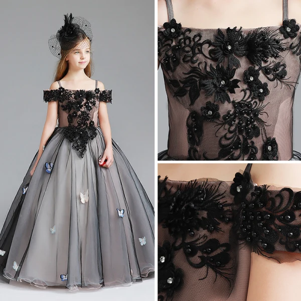 Modern / Fashion Black Flower Girl Dresses 2017 Ball Gown Off-The-Shoulder Short Sleeve Appliques Butterfly Lace Pearl Rhinestone Floor-Length / Long Ruffle Wedding Party Dresses
