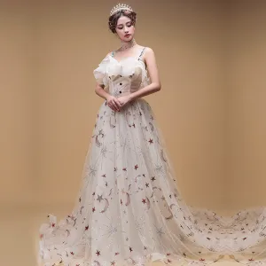 Chic Beautiful Champagne Evening Dresses 2019 A Line Princess Shoulders Sleeveless Star Appliques Sequins Court Train Ruffle Backless Formal Dresses