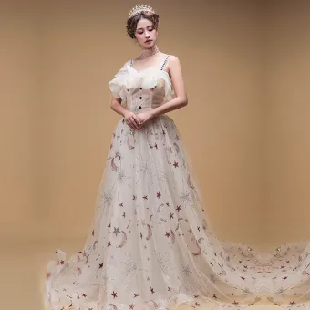 Chic Belle Champagne Robe De Soirée 2019 Princesse Épaules Sans Manches Étoile Appliques Paillettes Tribunal Train Volants Dos Nu Robe De Ceremonie