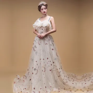 Chic Beautiful Champagne Evening Dresses 2019 A Line Princess Shoulders Sleeveless Star Appliques Sequins Court Train Ruffle Backless Formal Dresses