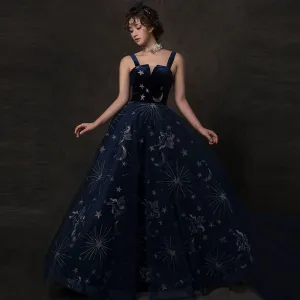Ciel Étoilé Bleu Marine Robe De Bal 2019 Princesse Épaules Sans Manches Glitter Tulle Longue Volants Dos Nu Robe De Ceremonie