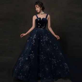 Ciel Étoilé Bleu Marine Robe De Bal 2019 Princesse Épaules Sans Manches Glitter Tulle Longue Volants Dos Nu Robe De Ceremonie
