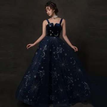Ciel Étoilé Bleu Marine Robe De Bal 2019 Princesse Épaules Sans Manches Glitter Tulle Longue Volants Dos Nu Robe De Ceremonie