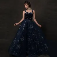 Starry Sky Navy Blue Prom Dresses 2019 A-Line / Princess Shoulders Sleeveless Glitter Tulle Floor-Length / Long Ruffle Backless Formal Dresses