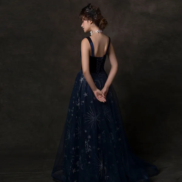 Starry Sky Navy Blue Prom Dresses 2019 A-Line / Princess Shoulders Sleeveless Glitter Tulle Floor-Length / Long Ruffle Backless Formal Dresses