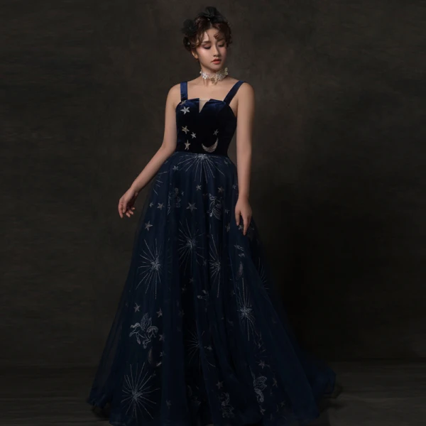 Starry Sky Navy Blue Prom Dresses 2019 A-Line / Princess Shoulders Sleeveless Glitter Tulle Floor-Length / Long Ruffle Backless Formal Dresses