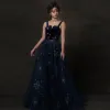 Starry Sky Navy Blue Prom Dresses 2019 A-Line / Princess Shoulders Sleeveless Glitter Tulle Floor-Length / Long Ruffle Backless Formal Dresses