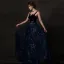 Starry Sky Navy Blue Prom Dresses 2019 A-Line / Princess Shoulders Sleeveless Glitter Tulle Floor-Length / Long Ruffle Backless Formal Dresses