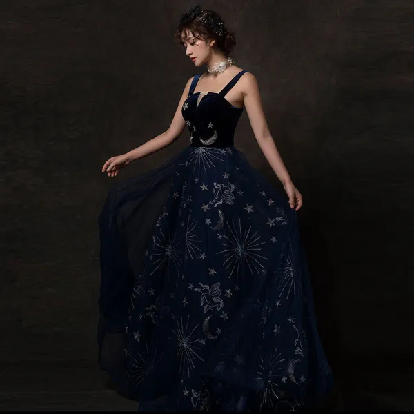 red glitter bridesmaid dresses Fancy Blue A-Line Sleeveless Open Back Long Prom Dress, Evening Dress –  cathyprom main image 0