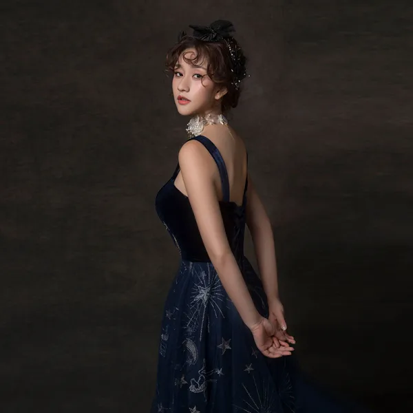 Starry Sky Navy Blue Prom Dresses 2019 A-Line / Princess Shoulders Sleeveless Glitter Tulle Floor-Length / Long Ruffle Backless Formal Dresses