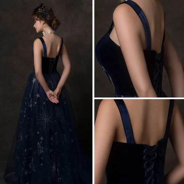 Starry Sky Navy Blue Prom Dresses 2019 A-Line / Princess Shoulders Sleeveless Glitter Tulle Floor-Length / Long Ruffle Backless Formal Dresses