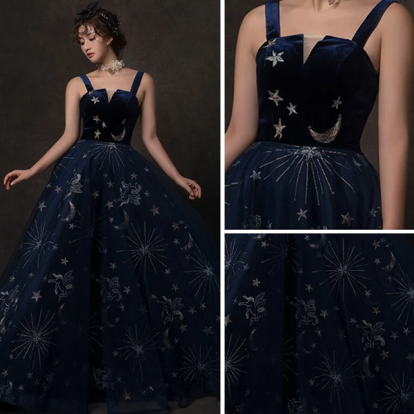 Starry Sky Navy Blue Prom Dresses 2019 A-Line / Princess Shoulders Sleeveless Glitter Tulle Floor-Length / Long Ruffle Backless Formal Dresses
