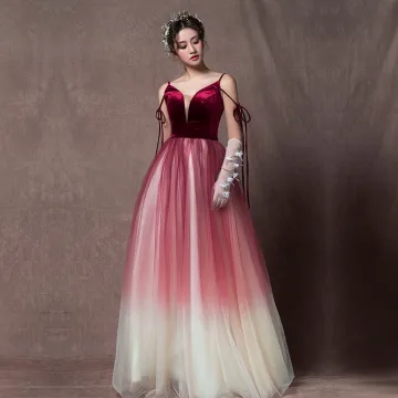 Elegant Burgundy Gradient Color Champagne Prom Dresses 2019 A Line Princess Sleeveless Spaghetti Straps Sash Floor Length Long Ruffle Backless Formal Dresses