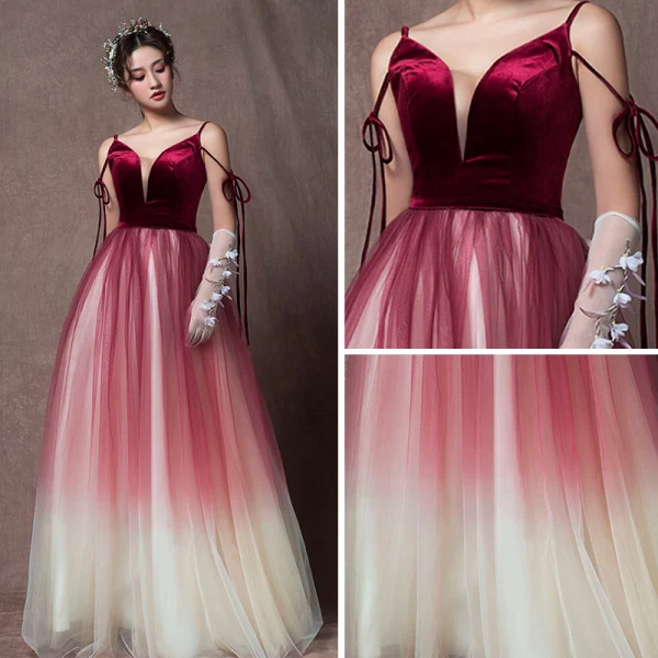 Elegant Burgundy Gradient-Color Champagne Prom Dresses 2019 A-Line / Princess Sleeveless Spaghetti Straps Sash Floor-Length / Long Ruffle Backless Formal Dresses