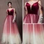 Elegant Burgundy Gradient-Color Champagne Prom Dresses 2019 A-Line / Princess Sleeveless Spaghetti Straps Sash Floor-Length / Long Ruffle Backless Formal Dresses