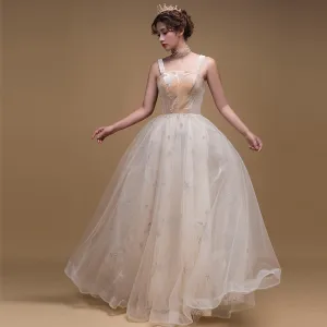 Romantic Champagne Suede Prom Dresses 2019 A Line Princess Appliques Lace Shoulders Sleeveless Floor Length Long Ruffle Backless Formal Dresses