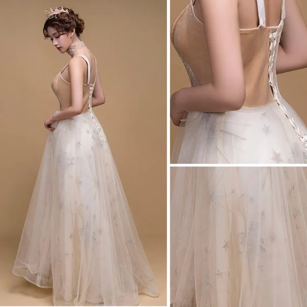 Romantique Champagne Daim Robe De Bal 2019 Princesse Appliques En Dentelle épaules Sans Manches Longue Volants Dos Nu Robe De Ceremonie