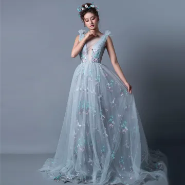 Sexy Gris Robe De Soirée 2019 Princesse Transparentes Encolure Dégagée Sans Manches Papillon Appliques En Dentelle Tribunal Train Volants Dos Nu Robe De Ceremonie