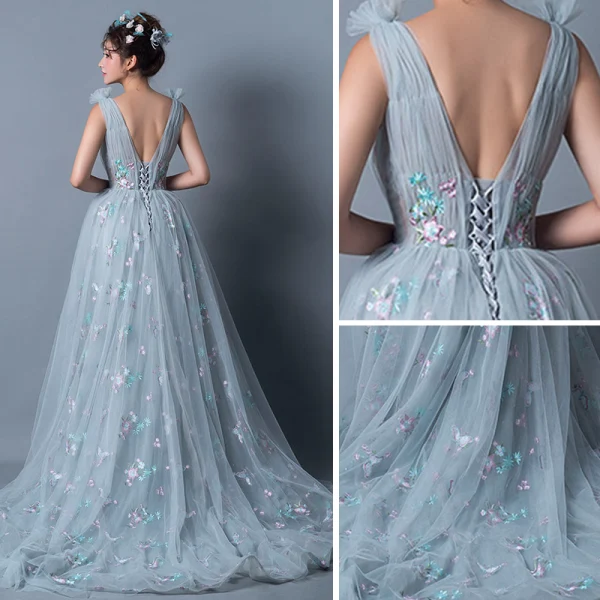 Sexy Gris Robe De Soirée 2019 Princesse Transparentes Encolure Dégagée Sans Manches Papillon Appliques En Dentelle Tribunal Train Volants Dos Nu Robe De Ceremonie