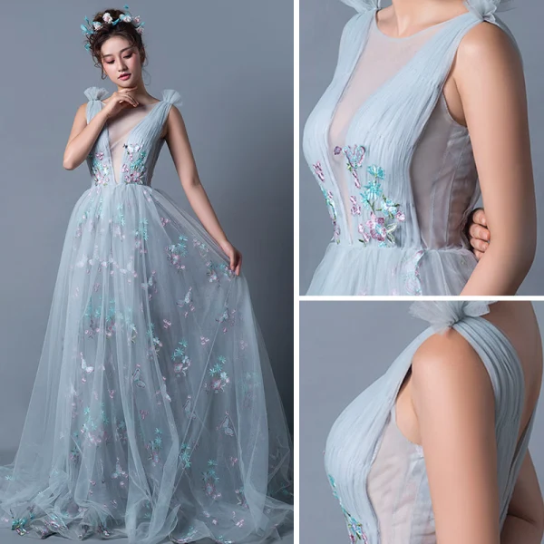 Sexy Gris Robe De Soirée 2019 Princesse Transparentes Encolure Dégagée Sans Manches Papillon Appliques En Dentelle Tribunal Train Volants Dos Nu Robe De Ceremonie