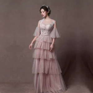 Moderne Mode Perle Rose Transparentes Robe De Soirée 2019 Princesse Encolure Dégagée Manches De Cloche Appliques En Dentelle Perlage Longue Volants En Cascade Dos Nu Robe De Ceremonie