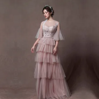 Moderne Mode Perle Rose Transparentes Robe De Soirée 2019 Princesse Encolure Dégagée Manches De Cloche Appliques En Dentelle Perlage Longue Volants En Cascade Dos Nu Robe De Ceremonie