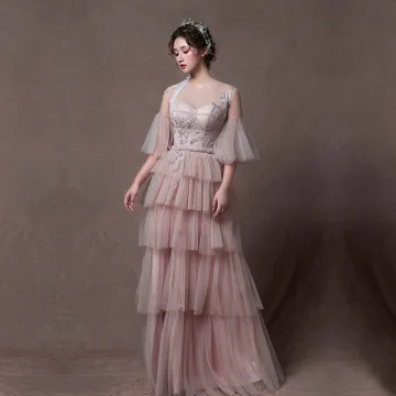 Moderne Mode Perle Rose Transparentes Robe De Soirée 2019 Princesse Encolure Dégagée Manches De Cloche Appliques En Dentelle Perlage Longue Volants En Cascade Dos Nu Robe De Ceremonie