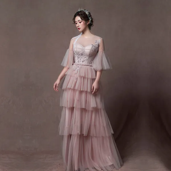 Modern / Fashion Pearl Pink See-through Evening Dresses  2019 A-Line / Princess Scoop Neck Bell sleeves Appliques Lace Beading Floor-Length / Long Cascading Ruffles Backless Formal Dresses