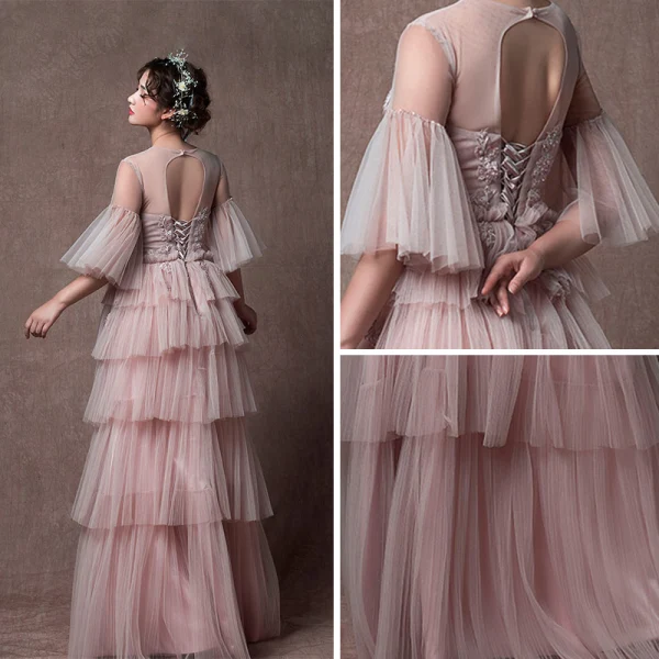 Moderne / Mode Perle Rose Transparentes Robe De Soirée 2019 Princesse Encolure Dégagée Manches de cloche Appliques En Dentelle Perlage Longue Volants en Cascade Dos Nu Robe De Ceremonie