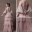Moderne / Mode Perle Rose Transparentes Robe De Soirée 2019 Princesse Encolure Dégagée Manches de cloche Appliques En Dentelle Perlage Longue Volants en Cascade Dos Nu Robe De Ceremonie