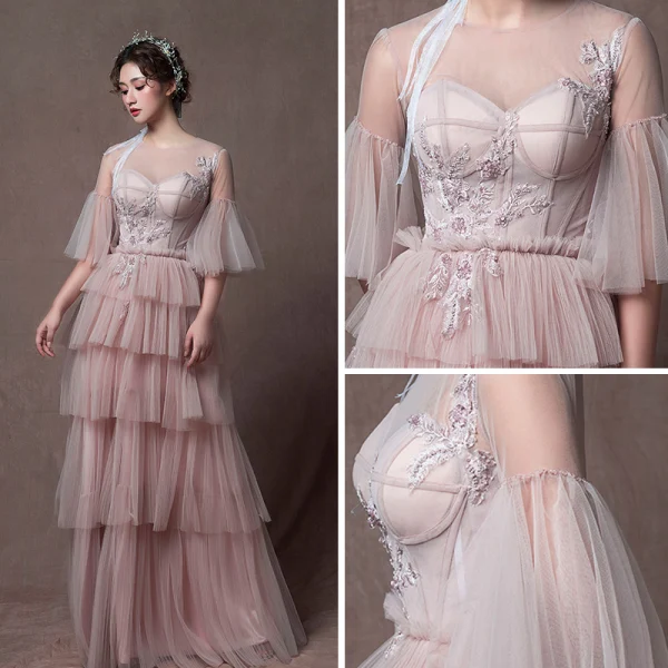 Moderne / Mode Perle Rose Transparentes Robe De Soirée 2019 Princesse Encolure Dégagée Manches de cloche Appliques En Dentelle Perlage Longue Volants en Cascade Dos Nu Robe De Ceremonie