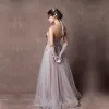Elegant Lavender Prom Dresses 2019 A-Line / Princess Sweetheart Sleeveless Appliques Lace Floor-Length / Long Ruffle Backless Formal Dresses