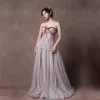 Elegant Lavender Prom Dresses 2019 A-Line / Princess Sweetheart Sleeveless Appliques Lace Floor-Length / Long Ruffle Backless Formal Dresses