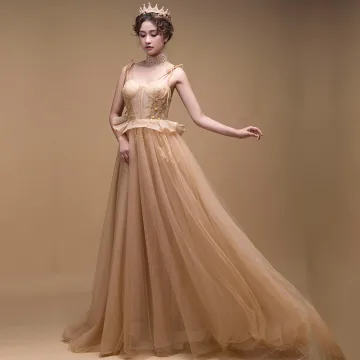 Charmant Doré Robe De Bal 2019 Princesse Sans Manches Bretelles Spaghetti Appliques En Dentelle Tribunal Train Volants Dos Nu Robe De Ceremonie