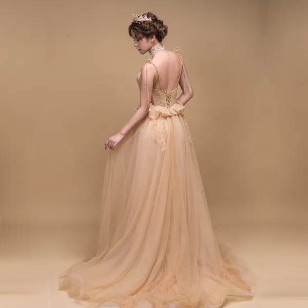 Charming Gold Prom Dresses 2019 A-Line / Princess Sleeveless Spaghetti Straps Appliques Lace Court Train Ruffle Backless Formal Dresses