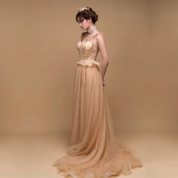 Charming Gold Prom Dresses 2019 A-Line / Princess Sleeveless Spaghetti Straps Appliques Lace Court Train Ruffle Backless Formal Dresses