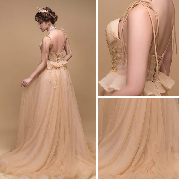 Charming Gold Prom Dresses 2019 A-Line / Princess Sleeveless Spaghetti Straps Appliques Lace Court Train Ruffle Backless Formal Dresses