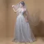 Elegant Grey Prom Dresses 2019 A-Line / Princess Shoulders Sleeveless Appliques Lace Sweep Train Ruffle Backless Formal Dresses